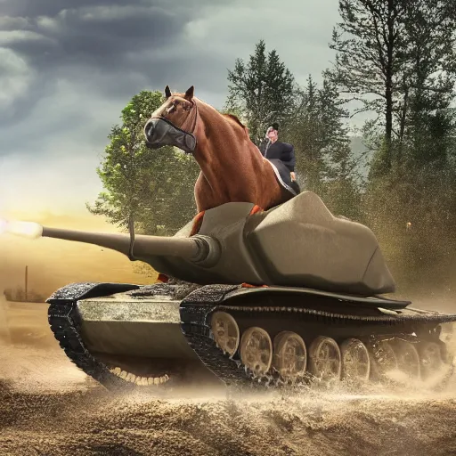 Image similar to a horse riding a tank while drinking a coffe and eating a turtle while driving a truck 4 k photo realistic