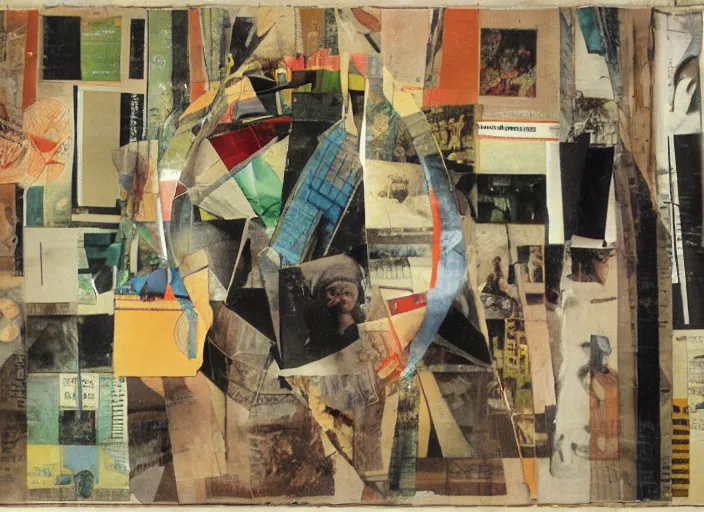 Prompt: a collage artwork by kurt schwitters, mix of geometric and organic shapes, both bright and earth colors, old photograph clippings