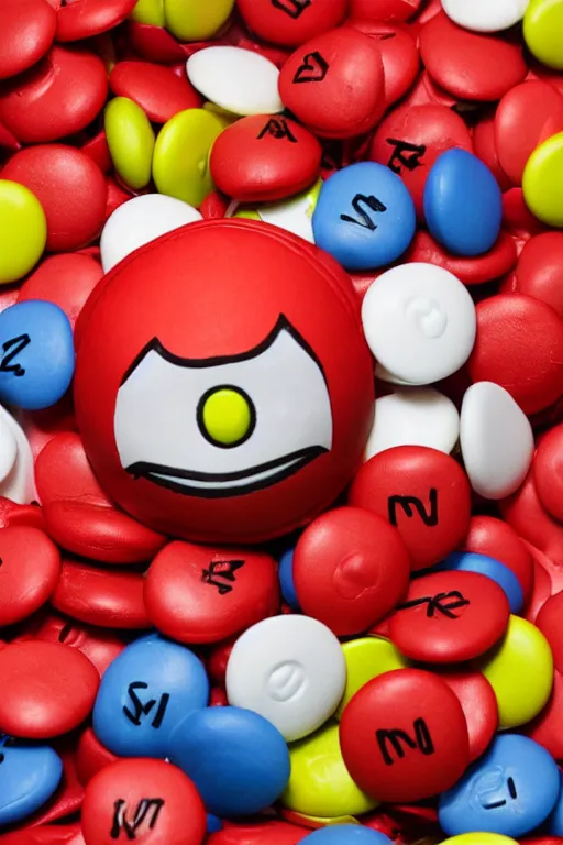 Prompt: a single red m & m candy with white arms and legs, a red sphere wearing a white baseball cap, eminem as the red m character standing on a floor covered with m & m candies, m & m candy dispenser!!!, m & m plush, unreal engine, studio lighting, unreal engine, volumetric lighting, artstation, professional food photography