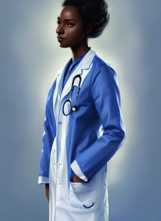 Image similar to half body portrait of young black woman as a doctor, blue scrubs and white coat, intricate, beautiful and elegant, highly detailed, digital painting, artstation, concept art, smooth, sharp focus, illustration, art by wlop, mars ravelo and greg rutkowski