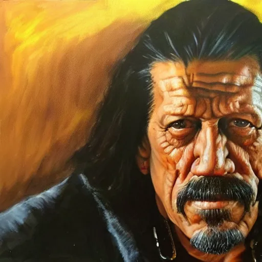 Image similar to ultra realistic portrait painting of danny trejo, art by frank frazetta, 4 k, ultra realistic, highly detailed, epic lighting