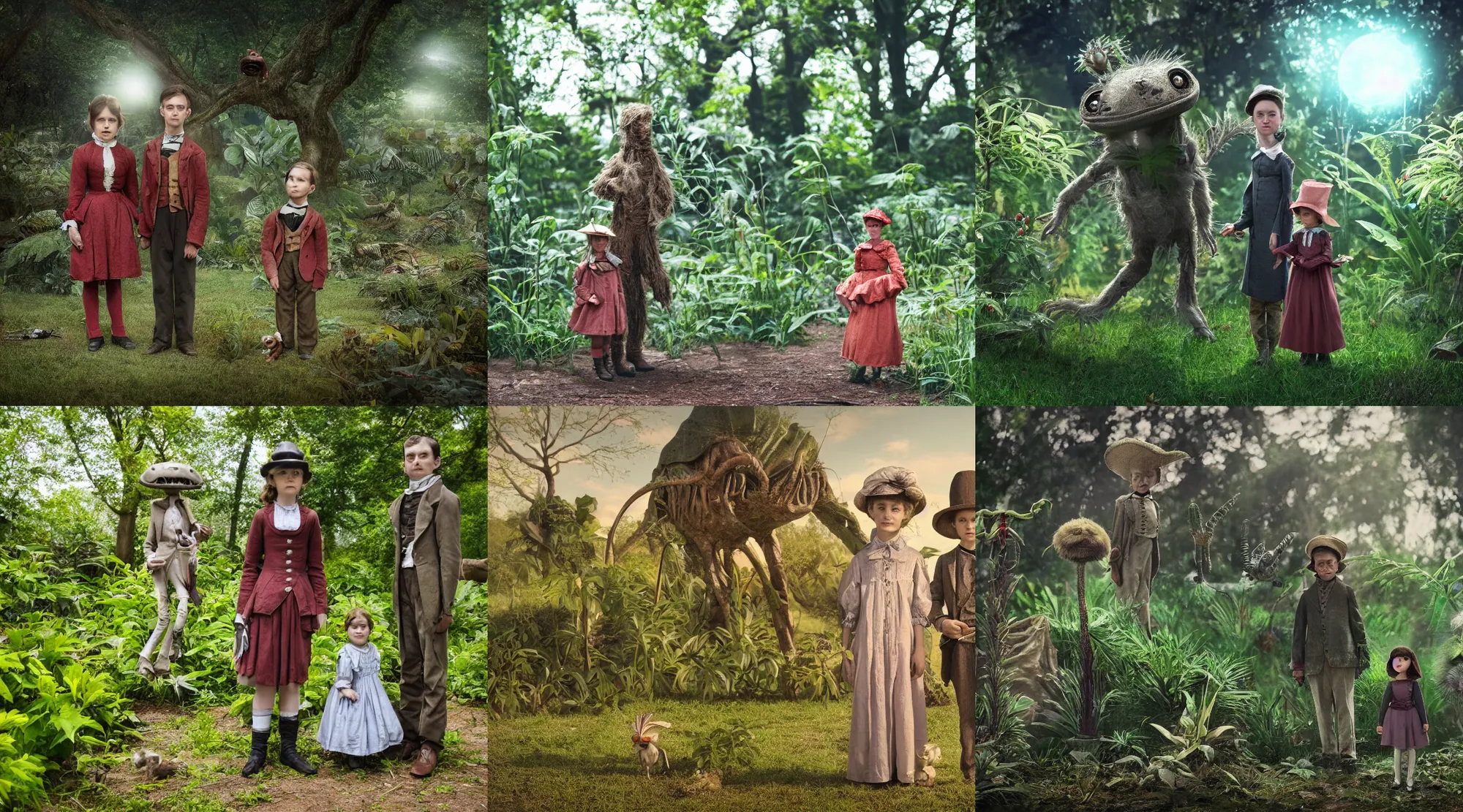 Prompt: detailed, sharp, a girl and a boy standing next to some strange wild alien plants, wearing 1860s era clothes, their small pet tiny alien creature is standing nearby, in a park on a strange alien planet, award winning photograph, 4k, cinematic lighting