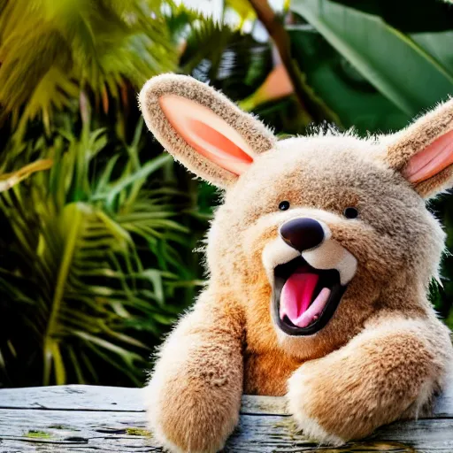 Image similar to an adorable fierce furry monster with long floppy rabbit ears chubby bear body and wolf legs, Smiling at the camera with a mischievous grin, happy lighting, at a tropical beach