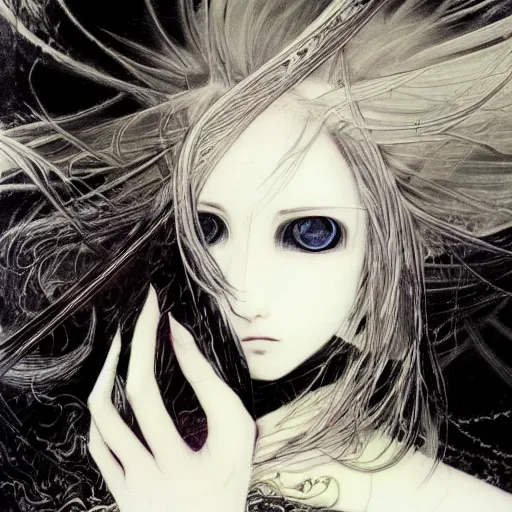 Prompt: yoshitaka amano blurred and dreamy illustration of an anime girl with an eyepatch, wavy white hair and cracks on her face wearing elden ring armour with the cape fluttering in the wind, abstract black and white patterns on the background, noisy film grain effect, highly detailed, renaissance oil painting, weird portrait angle
