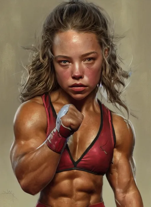 Prompt: epic close - up portrait of sydney sweeney as bodybuilder just after winning boxing match, stanley artgerm, wojtek fus