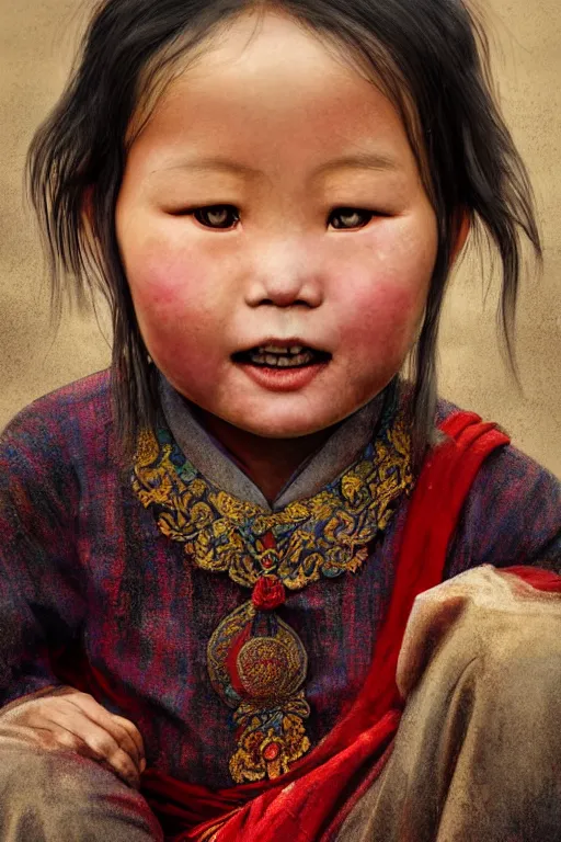 Image similar to Tibetan little girl, joyful, close-up portrait, intricate, elegant, volumetric lighting, scenery, digital painting, highly detailed, artstation, sharp focus, illustration, concept art, ruan jia, steve mccurry