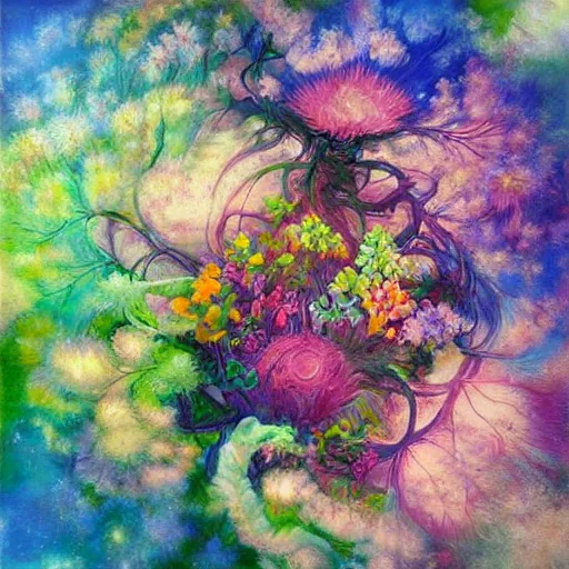 Image similar to This painting is a large canvas, covered in a wash of color. In the center is a cluster of flowers, their petals curling and twisting in on themselves. The effect is ethereal and dreamlike, and the overall effect is one of serenity and peace. kokedama by Nikolina Petolas, by Krenz Cushart, by Syd Mead wondrous