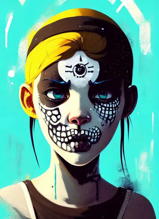 Image similar to highly detailed portrait of a sewer punk young lady with white graffiti face paint by atey ghailan, james gilleard, by joe fenton, by greg rutkowski, by greg tocchini, by kaethe butcher, 4 k resolution, gradient yellow, black, brown and cyan color scheme, grunge aesthetic!!! ( ( dystopian graffiti tag wall in background ) )