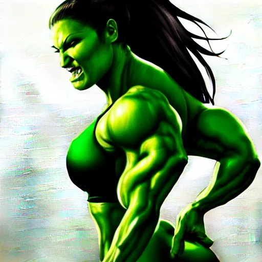 Image similar to beautiful Gina Carano skinny She Hulk green skin, middle shot, portrait, highly detailed, digital painting, artstation, concept art, smooth, sharp focus, illustration