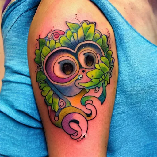 Image similar to shoulder tattoo of a multicolored spaced out cute bush baby, eyes are colorful spirals, surrounded with colorful magic mushrooms and marihuana leaves, insanely integrate