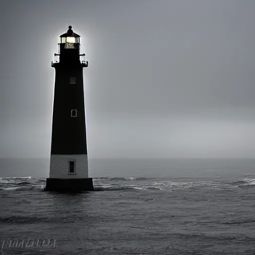 Prompt: stormy ocean at midnight, dark storm clouds overhead, lighthouse in the background concealed by fog