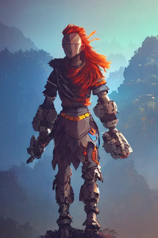 Image similar to combination suit armor aloy horizon forbidden west horizon zero dawn radiating a glowing aura global illumination ray tracing hdr fanart arstation by ian pesty and alena aenami artworks in 4 k tribal robot ninja mask helmet backpack