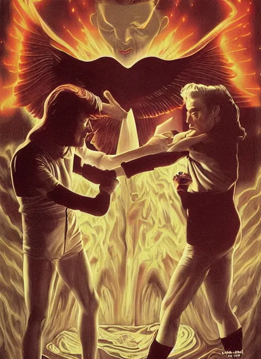 Image similar to twin peaks poster art, david bowie fighting his doppelganger gemini good and evil, old retro pulp, by michael whelan, rossetti bouguereau, artgerm, nostalgic, old fashioned