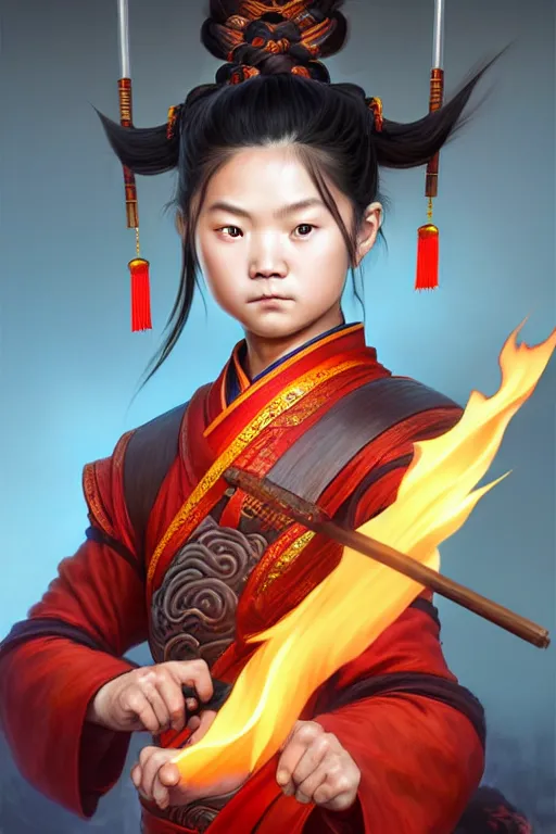 Prompt: cute nezha, highly detailed, man holding spear, flame everywhere, epic pose, masterpiece chinese fantasy character portrait, highly detailed, digital painting, trending on artstation, concept art, sharp focus, illustration, global illumination, ray tracing, realistic shaded, art by artgerm and greg rutkowski and fuji choko and viktoria gavrilenko and hoang lap