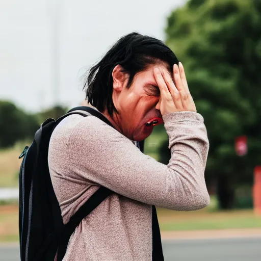 Image similar to A bogan crying because they missed the bus, Canon EOS R3, f/1.4, ISO 200, 1/160s, 8K, RAW, unedited, symmetrical balance, in-frame