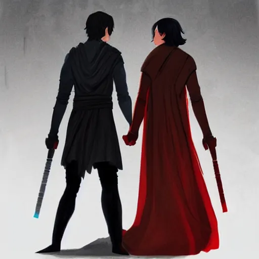 Prompt: rey and kylo ren holding hands, pixiv illustration, digital art