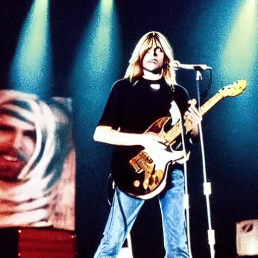 Image similar to Kurt Cobain (Nirvana) on stage at a concert at 52 years old, 2022, alternate reality picture