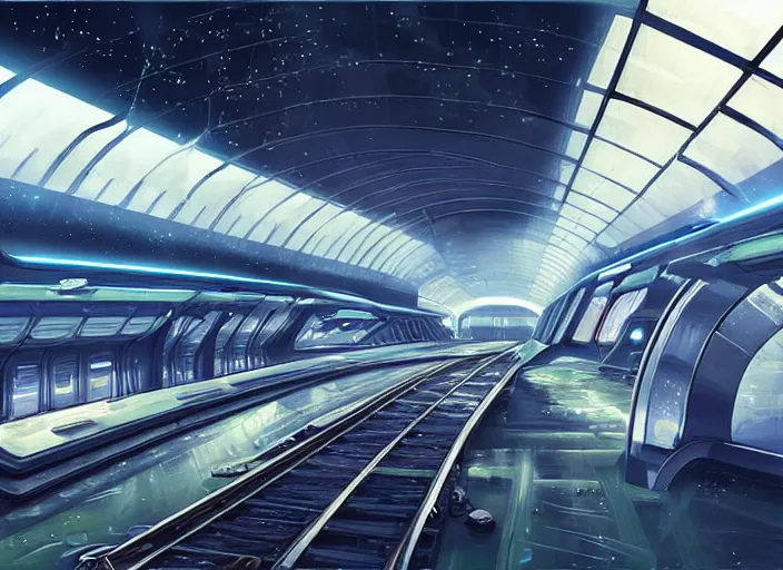 Prompt: a futuristic sci - fi train station, digital art, realistic, detailed, paint