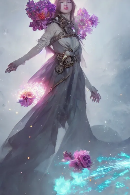 Image similar to the look of a young beautiful girl necromancer covered with crystals exploding space, 3 d render, hyper realistic detailed portrait, holding magic flowers, ruan jia, wlop. scifi, fantasy, hyper detailed, octane render, concept art, peter mohrbacher