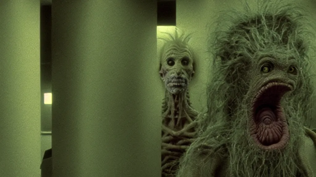 Image similar to the creature that hates me at the dmv, film still from the movie directed by denis villeneuve and david cronenberg with art direction by zdzisław beksinski and dr. seuss