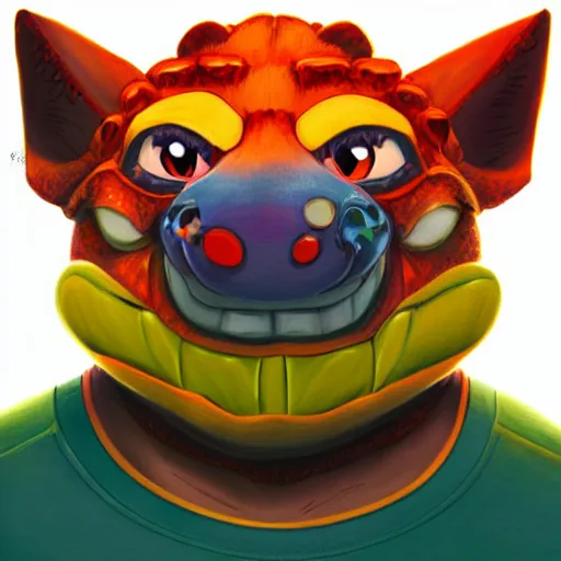 Image similar to in the style of artgerm, loish and ross tran, anthropomorphic alligator, symmetrical face, symmetrical eyes, red scales on his back, yellow scale on his belly and chest, male, waring a hawaiian shirt, in the style of zootopia