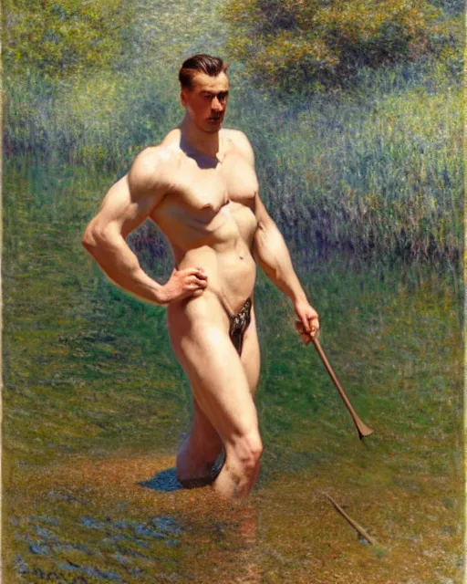 Image similar to muscular soldier wading through a river, long rubber wading boots, sunlight shining on his skin, reflective water, painting by tom of finland, gaston bussiere, craig mullins, j. c. leyendecker, claude monet