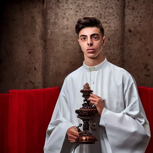 Image similar to attractive kai havertz wearing priest outfit holding large detailed ivory candlestick. natural lighting by photorealistic, portrait. 8 k high definition