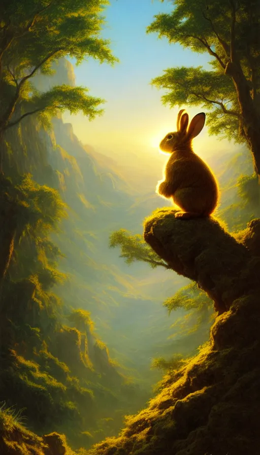 Image similar to hyper realistic rabbit looking off of a cliff, sun setting behind rabbit silhouette, lush forest in valley below, painted by craig mullins, j. c. leyendecker 8 k