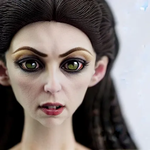 Image similar to photo taken of an epic intricate, ultra detailed, super realistic stop motion puppet of a majestic gracious regal aristocratic brunette female vampire created by weta workshop, menacing, some zoomed in shots, photorealistic, sharp focus, white wall, extremely cold blueish colour temperature, 3 5 mm, f 1. 4, golden ratio