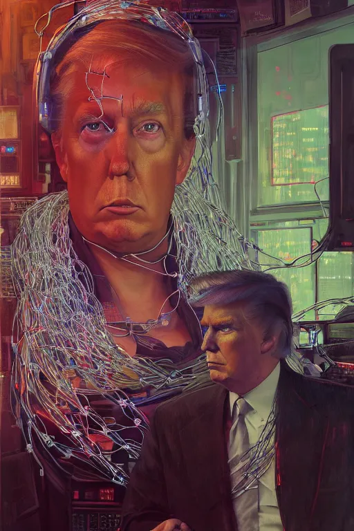 Image similar to hyperrealist cyberpunk portrait of donald j trump, it is decorated with long computer wires and computer monitors in the cyberpunk office background. by jeremy mann and alphonse mucha, fantasy art, photo realistic, dynamic lighting, artstation, poster, volumetric lighting, very detailed faces, 4 k, award winning