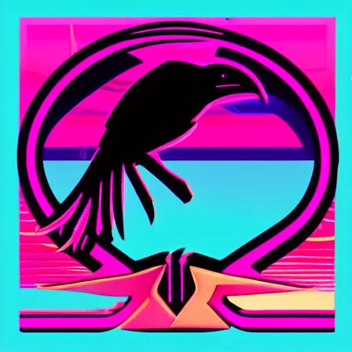 Prompt: “stylized raven logo in a retrowave 1980s aesthetic”