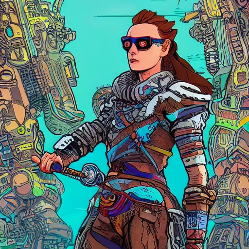 Prompt: hyper detailed comic illustration of a cyberpunk Aloy Horizon Zero Dawn wearing a futuristic sunglasses and a gorpcore jacket, markings on his face, by Josan Gonzalez and Geof Darrow, intricate details, vibrant, solid background, low angle fish eye lens