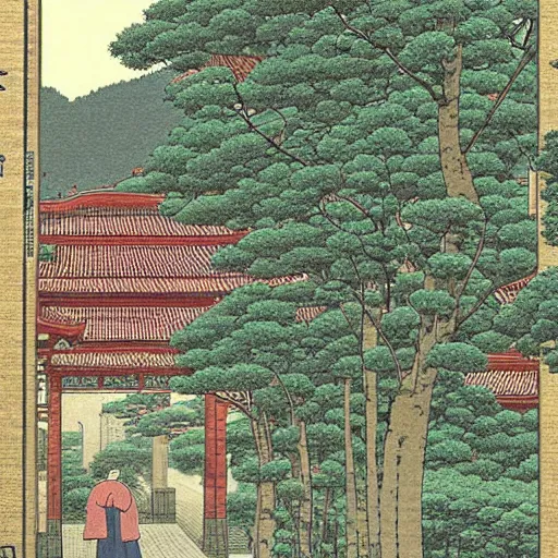 Image similar to a city full of various plants, Kawase Hasui,