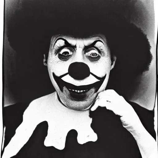 Image similar to portrait of a clown by Diane Arbus, 50mm, black and white