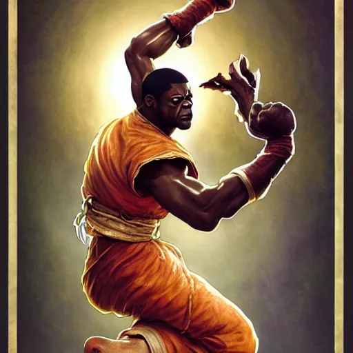 Image similar to chris tucker as dhalsim street fighter, jump kick, 4 k, ultra realistic, detailed focused art by artgerm and greg rutkowski and alphonse mucha