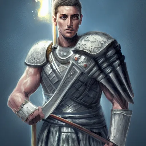 Prompt: portrait of an ancient roman warrior armed with a glowing-white claymore sword D&D, fantasy, elegant, hopeful, cosmic, muscular, highly detailed, digital painting, artstation, concept art, smooth, sharp focus, illustration