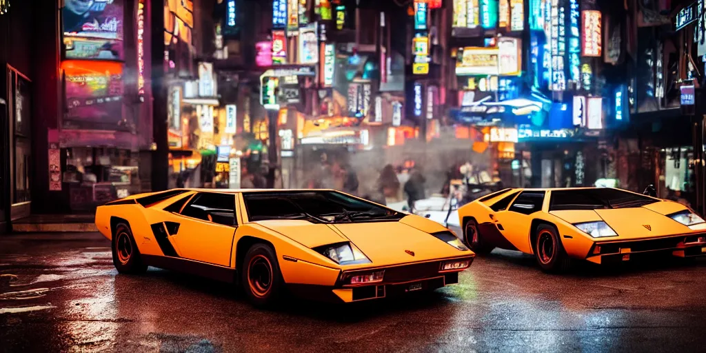 Image similar to photograph of two different coloured lamborghini countach parked in a rainy neo tokyo street at night with neon light signs illuminating the scene, sharp focus, highly detailed, ray tracing, cinematic, moody, hdr, 4 k, incredible detail, epic, misty, slight bokeh