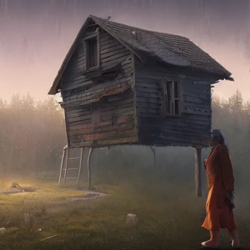 Image similar to woman leaving her wooden broken house by simon stålenhag, very highly detailed, award winning, rendered by Beeple, by Makoto Shinkai, syd meade, starwars, space art concept, digital art, unreal engine, blender, WLOP, trending on artstation, 4K UHD image, octane render