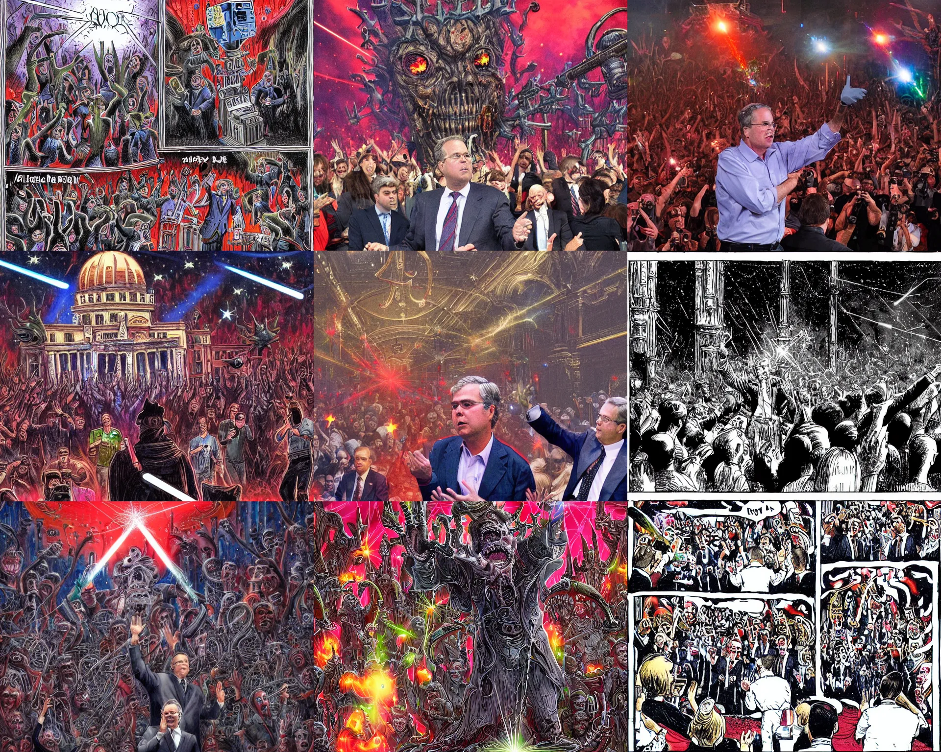 Prompt: Jeb Bush clapping while shooting laser beams out of his eyes into a crowd, Evil, chaos, ornate, horror, detailed, bloodborne, colorful