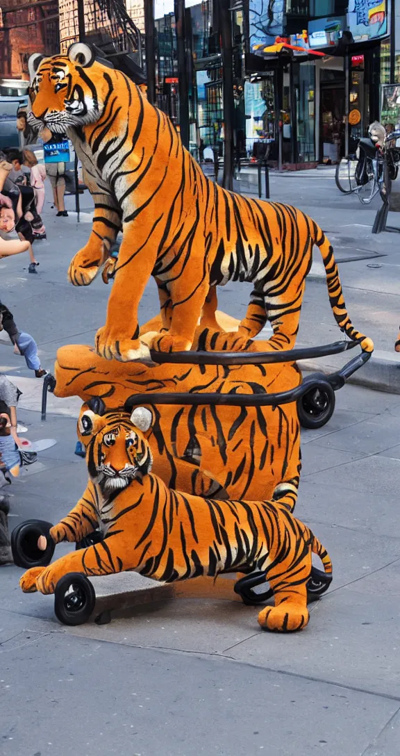 Image similar to a kiddie ride that looks like a tiger on the sidewalk in NYC