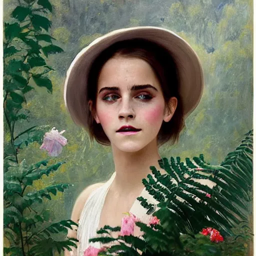 Image similar to closed eyesthick paint brush strokes full body fashion model emma watson by Jeremy Lipking by Hasui Kawase by Richard Schmid (((smokey eyes makeup eye shadow fantasy, glow, shimmer as victorian woman in a long white frilly lace dress and a large white hat having tea in a sunroom filled with flowers, roses and lush fern flowers ,intricate, night, highly detailed, dramatic lighting))) , high quality