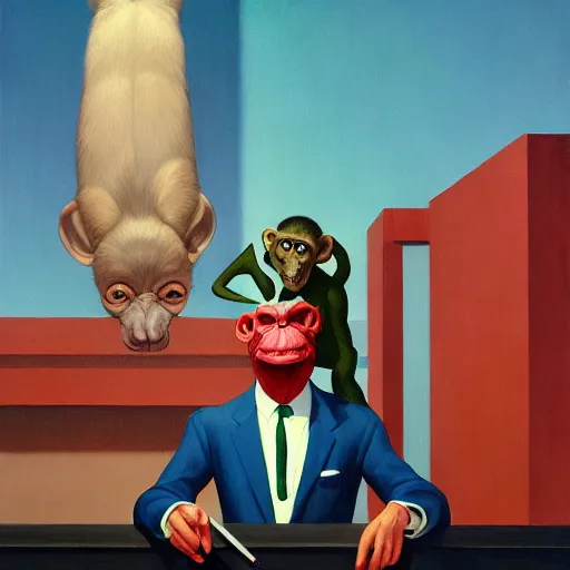 Prompt: Portrait of Mr. Monkey wearing a business suit , very coherent, painted by Edward Hopper, Wayne Barlowe, painted by James Gilleard, airbrush, art by JamesJean