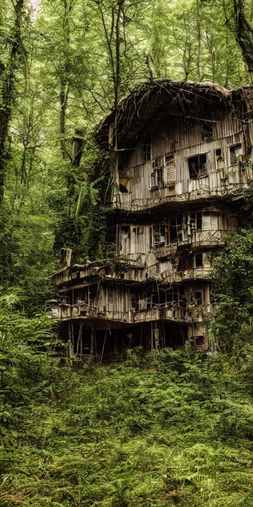 Image similar to a cinematic movie shot of a multi-story ramshackle hut in the magical forest