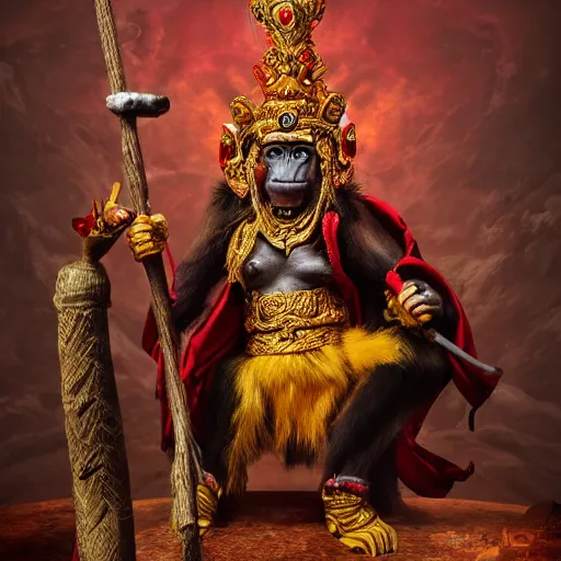Image similar to monkey king godly lord of monkeys, wearing a crown, holding a staff, sitting in throne, dark lighting, dim lightning, red eyes, gothic dark style, black background, dark room, dusty old ruins 8 k render high detail