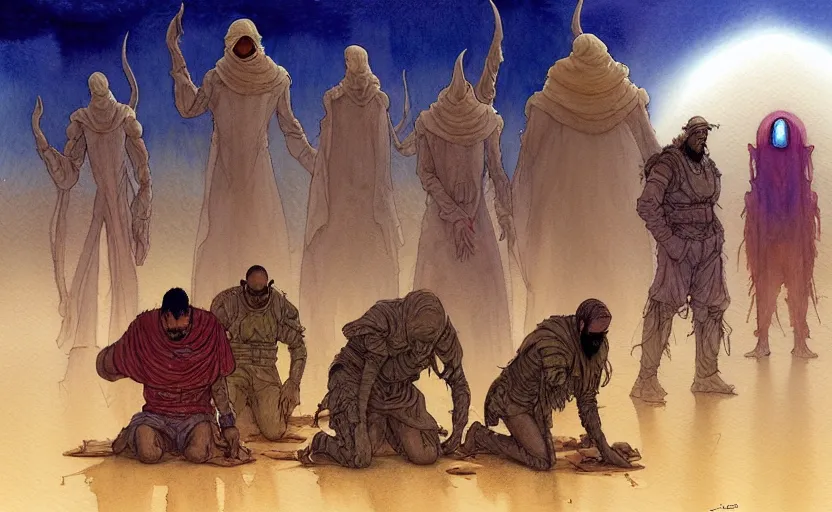 Image similar to a hyperrealist watercolour character concept art portrait of a group of middle eastern men kneeling down in prayer to a tall elegant lovecraftian alien on a misty night in the desert.. a battlecruiser starship is in the background. by rebecca guay, michael kaluta, charles vess and jean moebius giraud