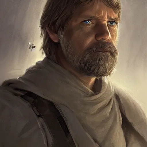 Image similar to portrait of a man by Greg Rutkowski, Commander Luke Skywalker from Star Wars Expanded Universe, he is about 60 years old, beard, wearing tactical gear of the Galactic Alliance, highly detailed portrait, digital painting, artstation, concept art, smooth, sharp foccus ilustration, Artstation HQ