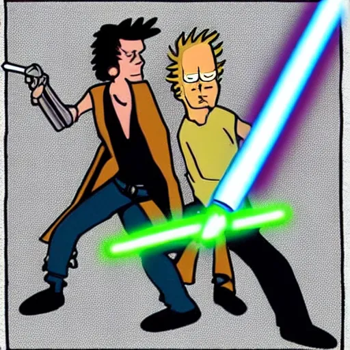 Prompt: beavis and butthead lightsaber duel