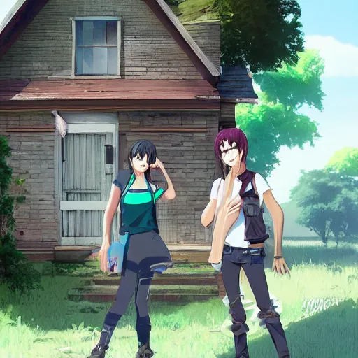 Prompt: Two friends posing awkwardly in front of an old rundown house, one of them looks annoyed at the other while the other looks extremely happy about being with them, anime digital art trending on artstation 8K