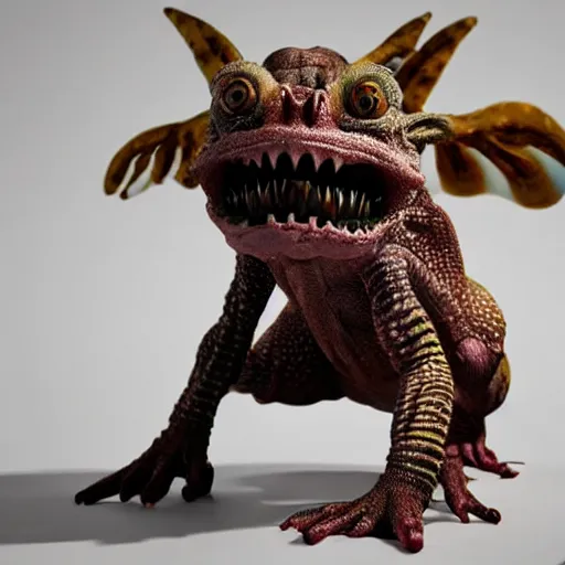 Image similar to a grotesque but cute creature crawling on four legs with weird features, strange feeelrs, coloured scaly skin, looking inquisitively at the camera, 3d render, studio lighting