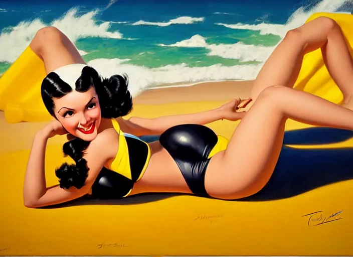 Image similar to the style of the artist gil elvgren, a girl with black hair, overwatch tracer, with a very beautiful symmetrical face, a smile on her face, tanned skin, in a yellow bikini, against the background of a sea beach, in art style, high detail, digital painting, hyperrealism